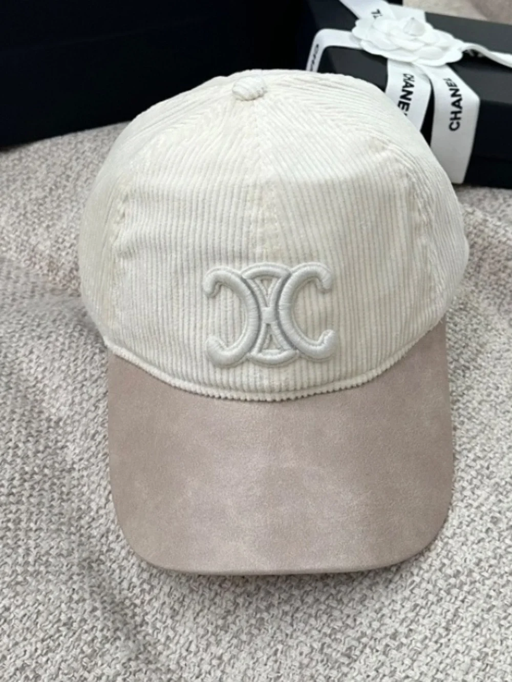 Celine. Off White Corduroy Triomphe. Baseball Hat Cap